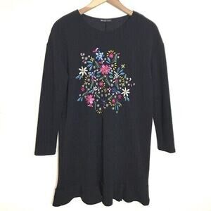 Zara Womens Navy Blue‎ Long Sleeve Ruffle Hem Embroidered Flower Dress S Grandma